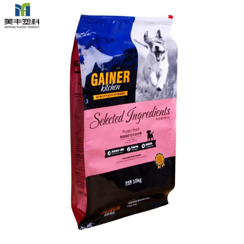 Dog food 10kg plastic packaging quad sealing pouches with clear window feature